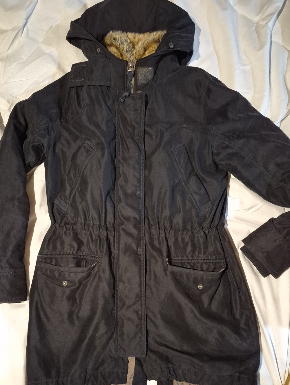Abercrombie & Fitch Black Hooded Military Field Coat with Faux Fur Lining
